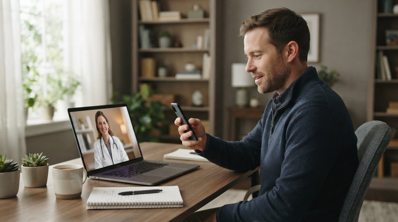 Man at a home desk holds a smartphone during a telehealth video visit while a laptop shows a clinician in a white coat