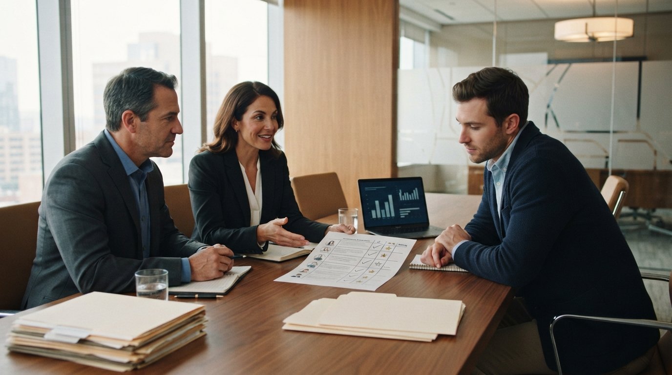 Two attorneys in dark suits review case files and a comparison sheet with a client at a conference room desk