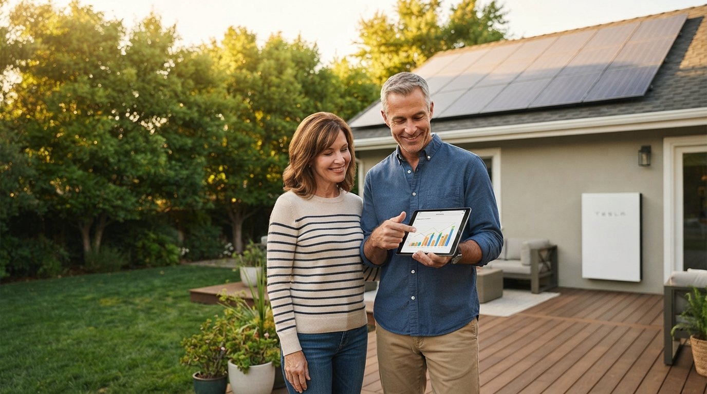 Couple on a back porch reviewing an energy chart on a tablet, with rooftop solar panels and a home battery behind them