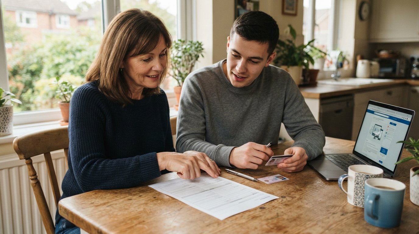 Parent and young adult reviewing a paper car insurance form and driver's license at a sunlit kitchen table with a laptop…