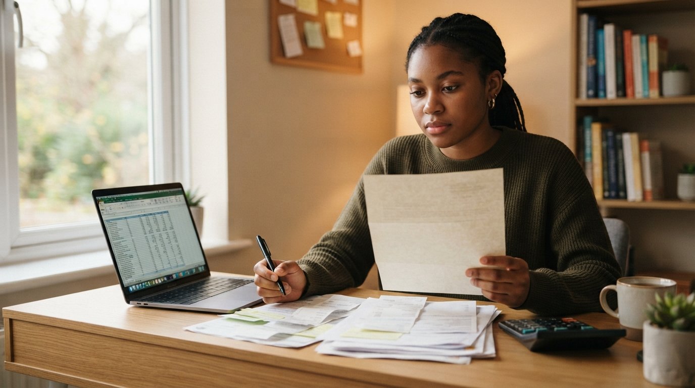 Young adult student holding a printed award letter and pen beside a laptop showing a tuition spreadsheet and financial…