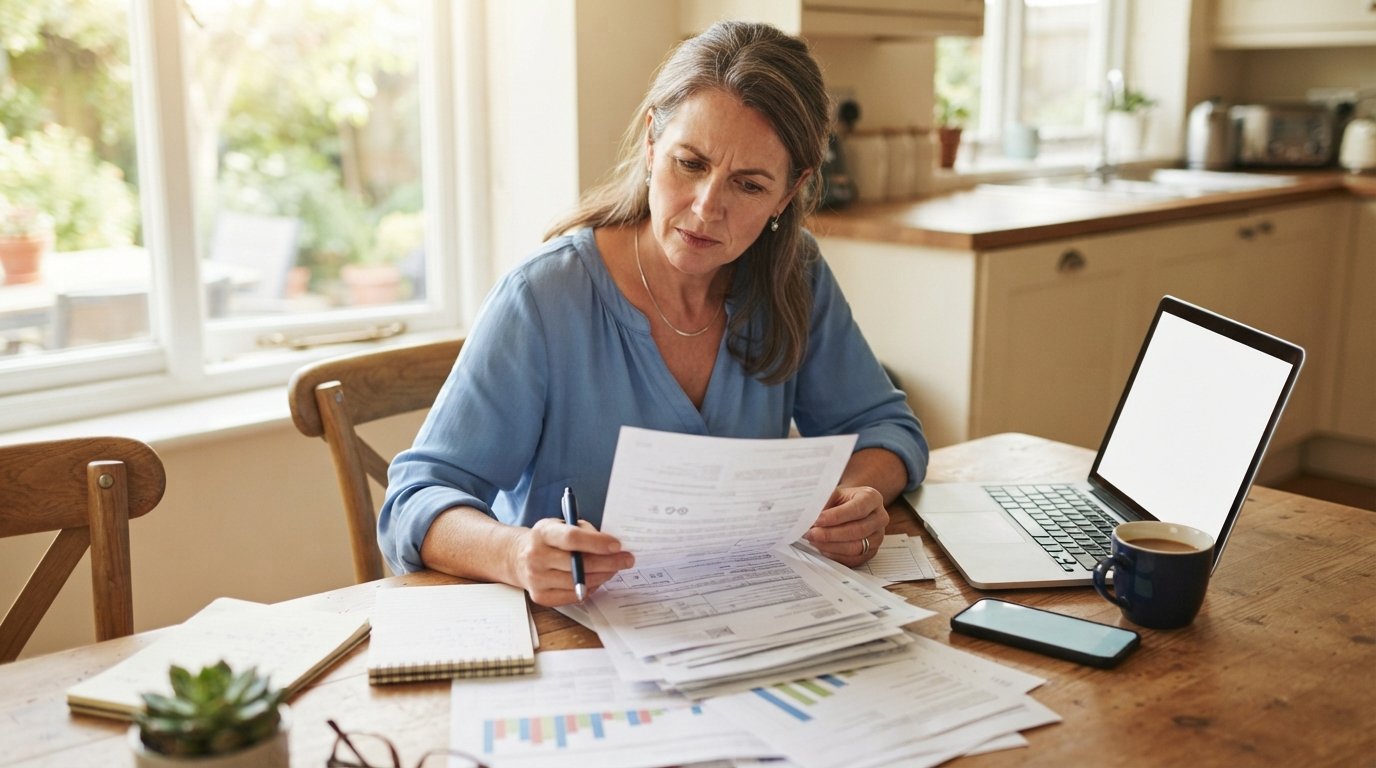 Middle-aged woman in a blue blouse at a sunlit kitchen table reviewing a health insurance denial letter beside an open…