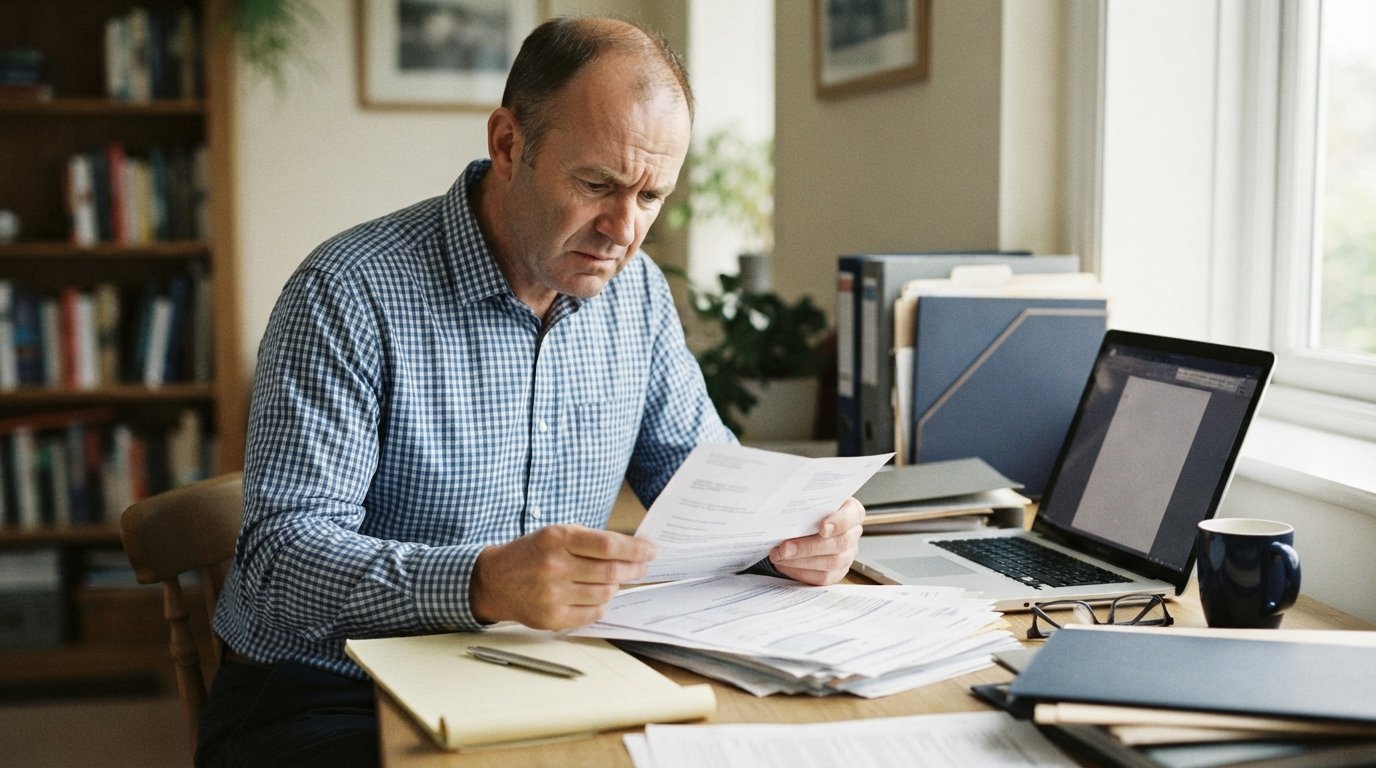 Worried middle-aged man in a button-down shirt reviewing a denial letter and thick insurance paperwork at a wooden desk…