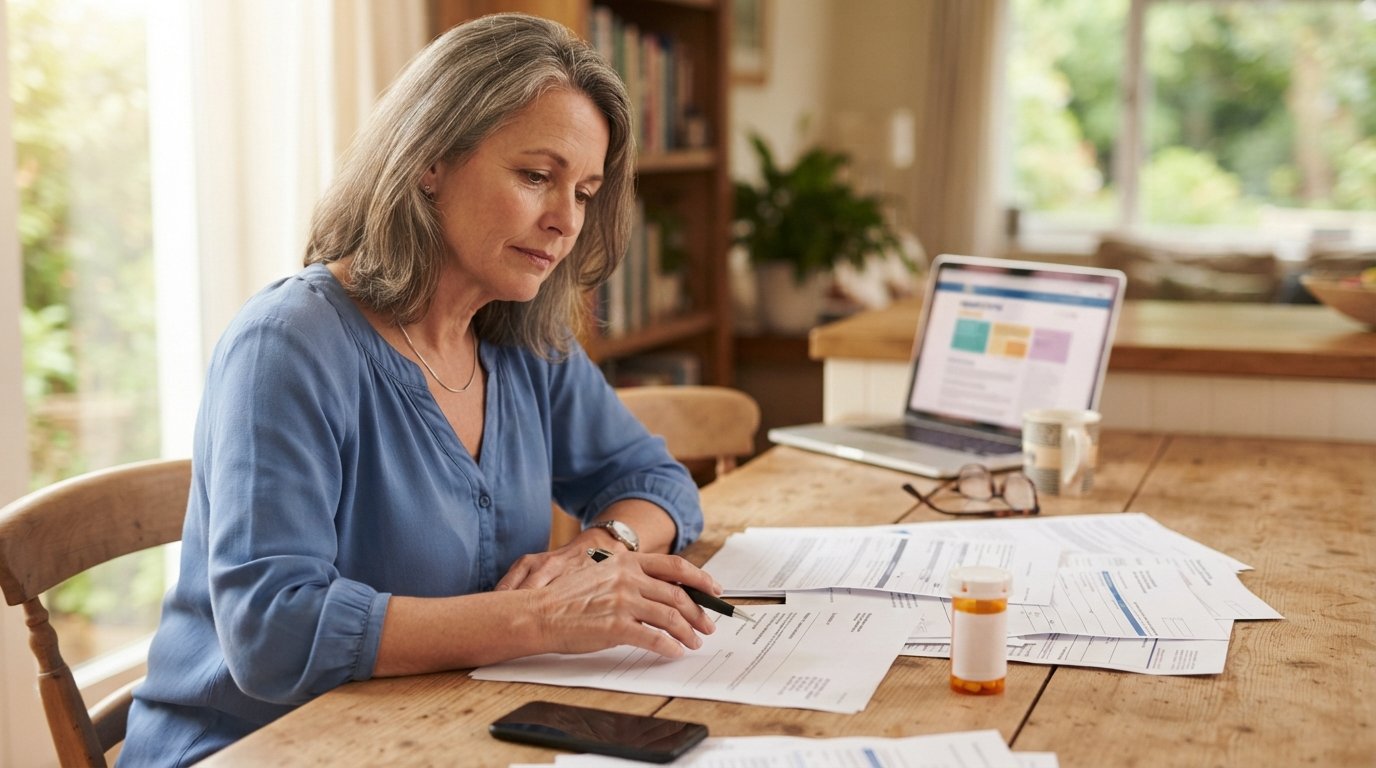 Woman in a blue blouse sits at a wooden table with insurance paperwork, a pill bottle, and a smartphone, a laptop and…