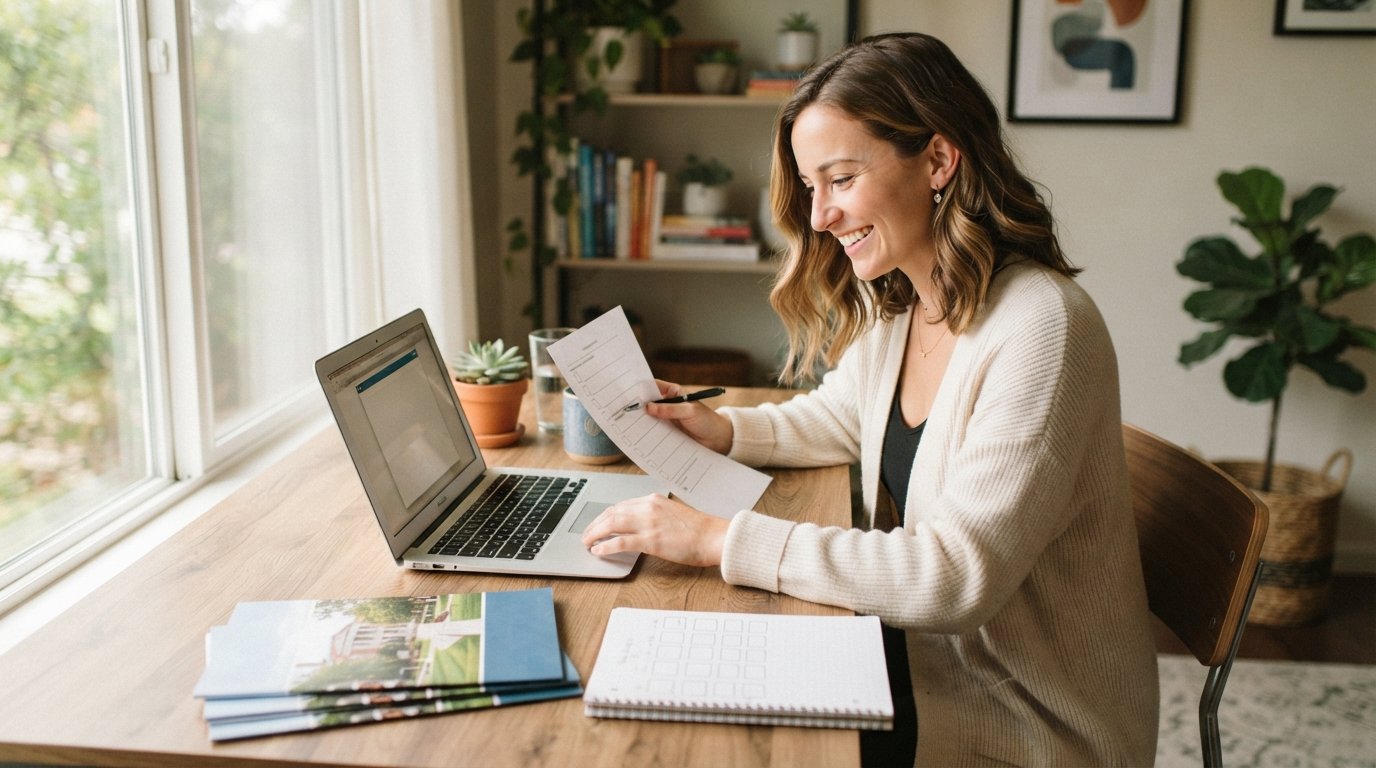 Young woman smiling while pressing laptop keyboard and holding a printed checklist with a pen at a bright home desk with…