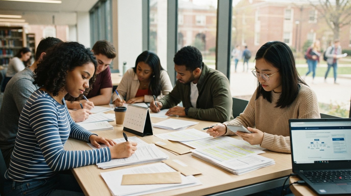 College students filling out FAFSA forms at a library table with a laptop, calendar, and financial documents nearby