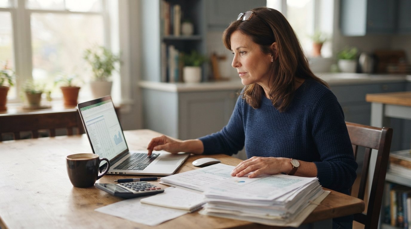 Adult learner at a kitchen table with a laptop, tax forms, calculator, and coffee mug, reviewing documents in morning light
