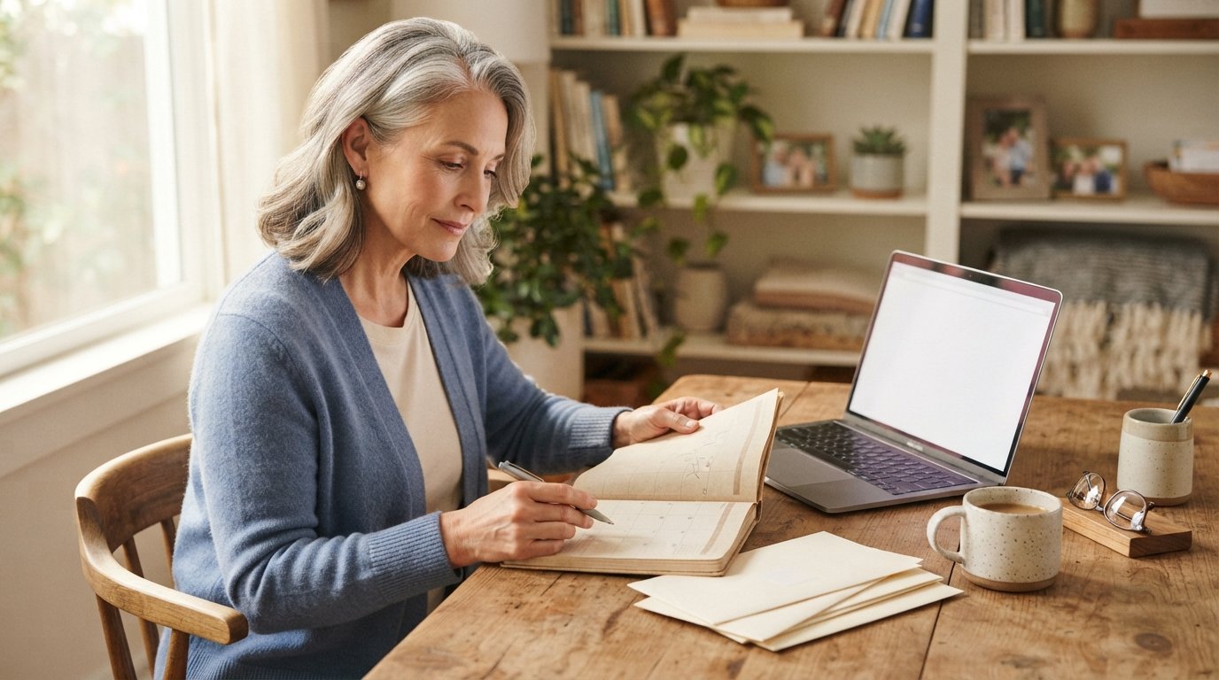 Woman in her 60s in a blue cardigan reviews a calendar and envelopes at a wooden desk with a laptop, glasses, pen, and…