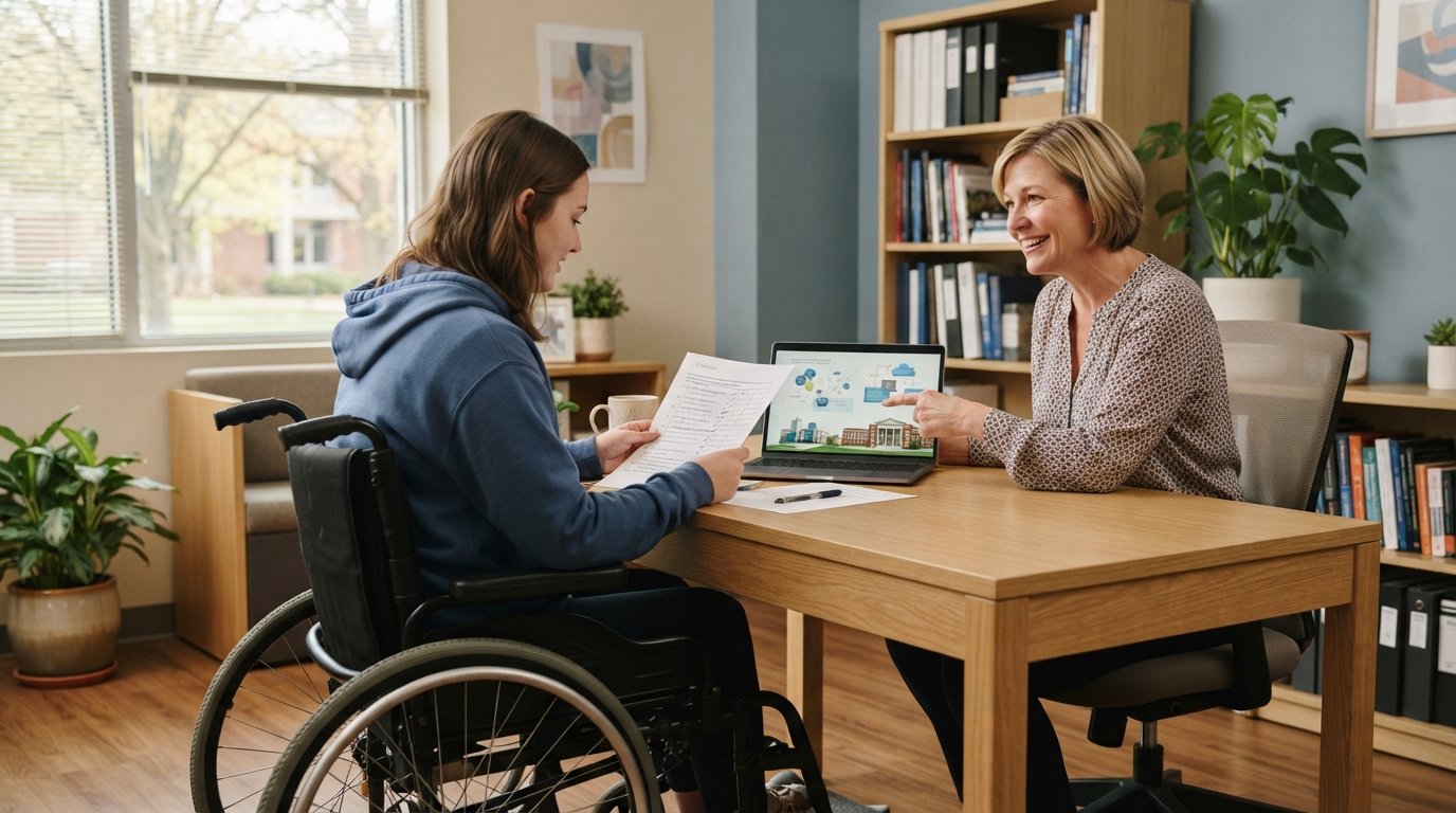 Wheelchair user reviewing a printed accommodations checklist at a desk while an advisor points to accessibility resources…