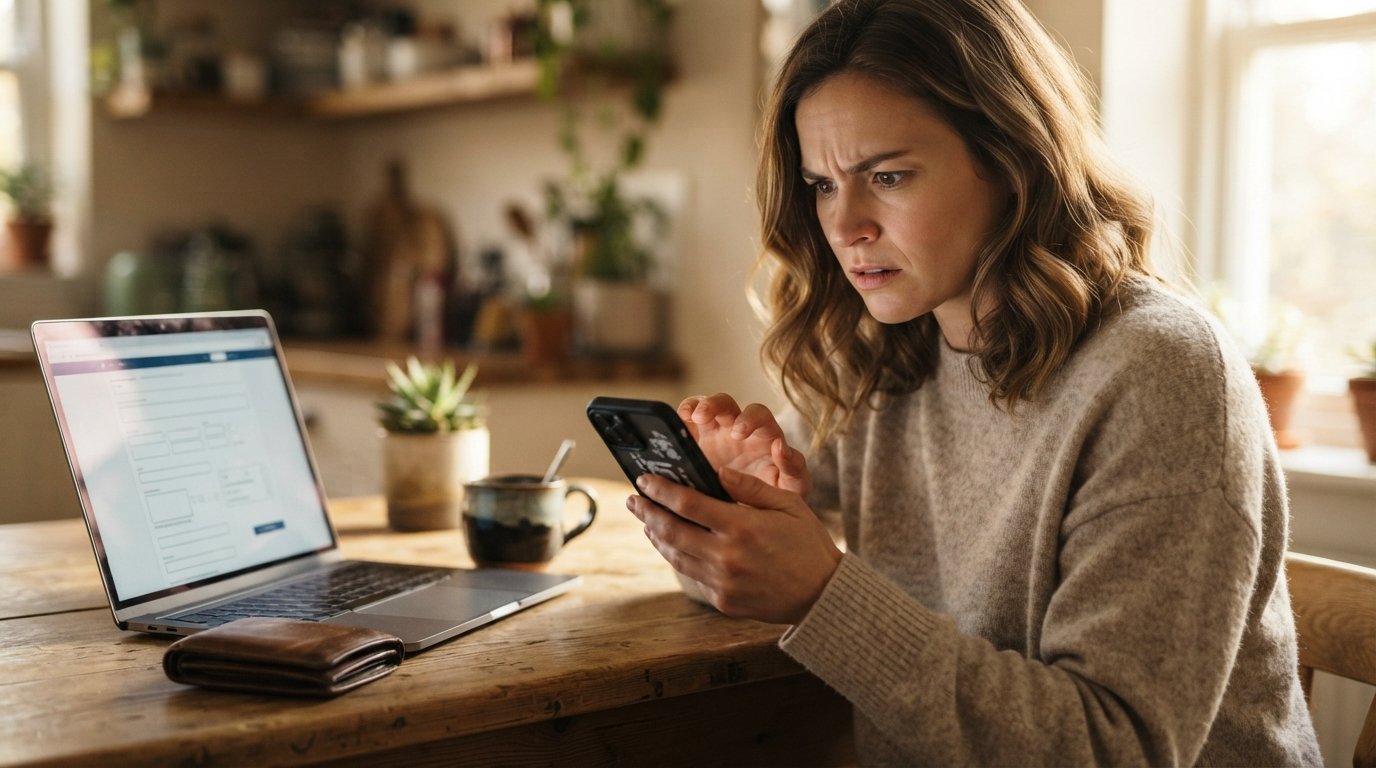 Young adult at a kitchen table reading a text on a smartphone with a concerned expression, laptop showing a loan form nearby