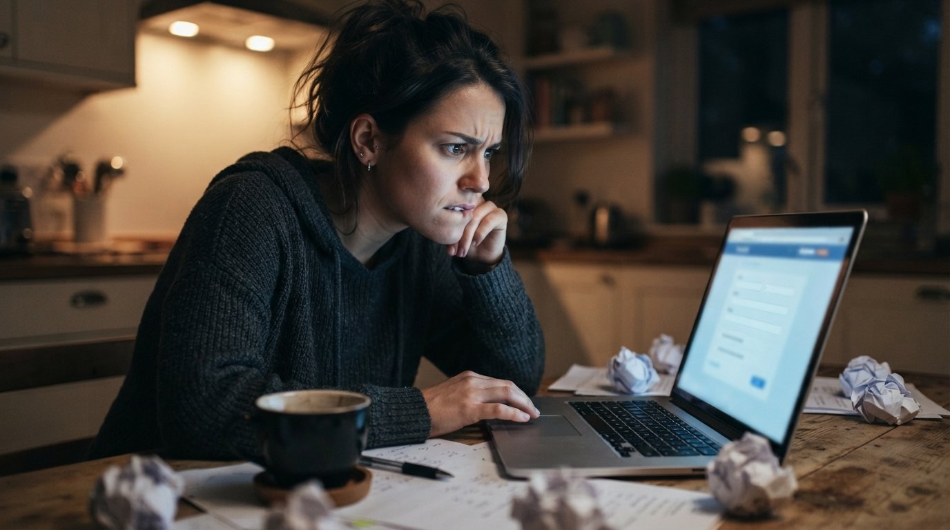 Young adult at a kitchen table at night, frowning at a glowing laptop screen showing a blurred loan form, with crumpled…