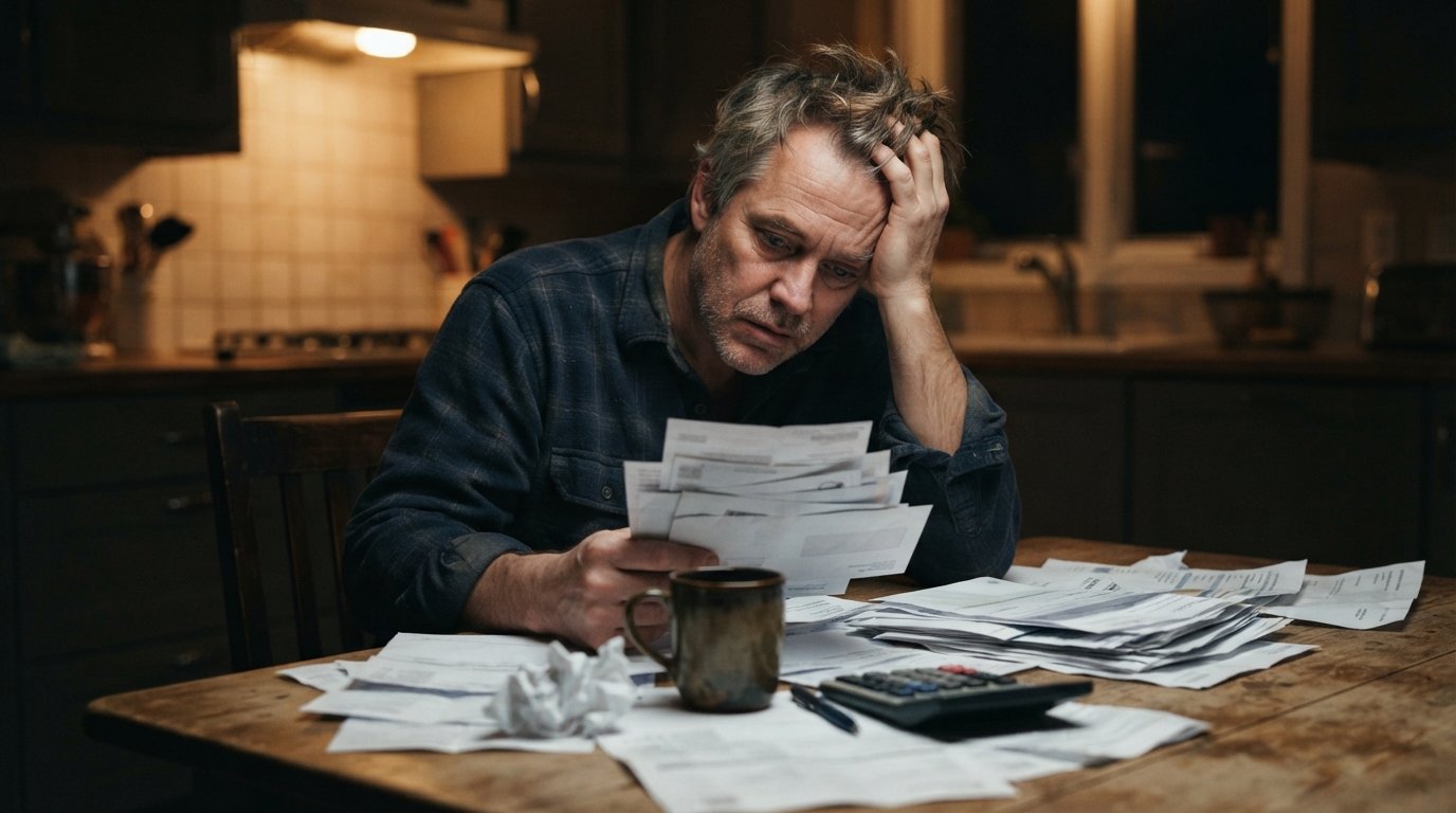 Worried middle-aged man at a kitchen table holding his head beside scattered bills, a calculator, and envelopes