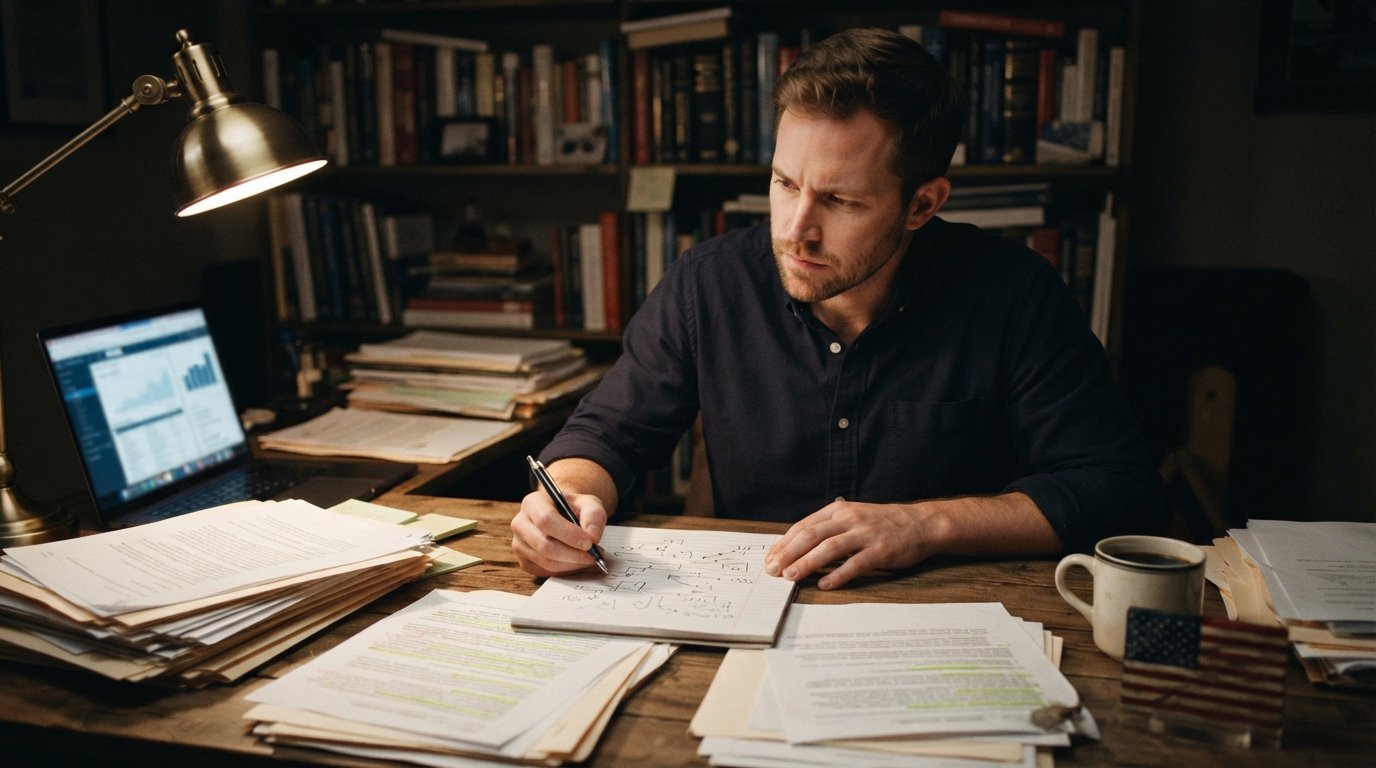 Man in his 30s at a desk reviewing a highlighted DUI statute printout and a hand-drawn timeline on a notepad