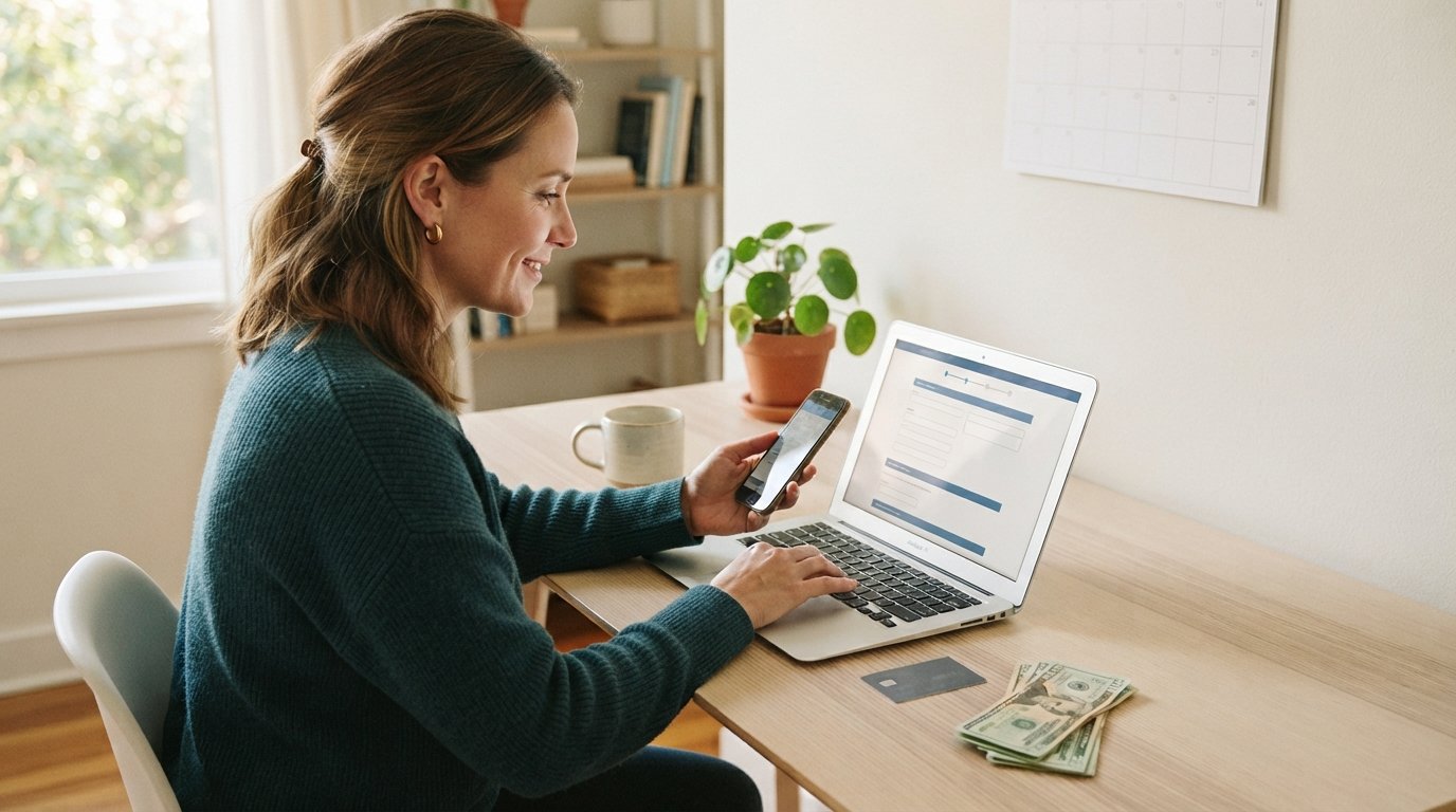 Person at a home office desk holding a smartphone while a laptop shows a loan form, with cash and a credit card beside the…