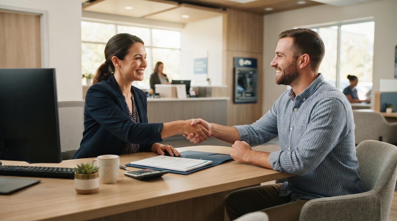 Loan officer in navy blazer shakes hands with a man across a light oak desk with loan documents, calculator, plant, and…