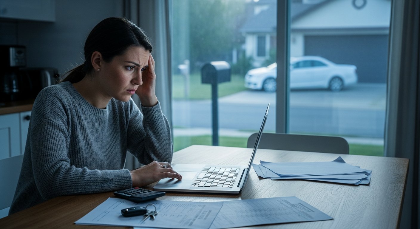 Woman in gray sweater at a kitchen table reviewing bills and using a calculator next to an open laptop