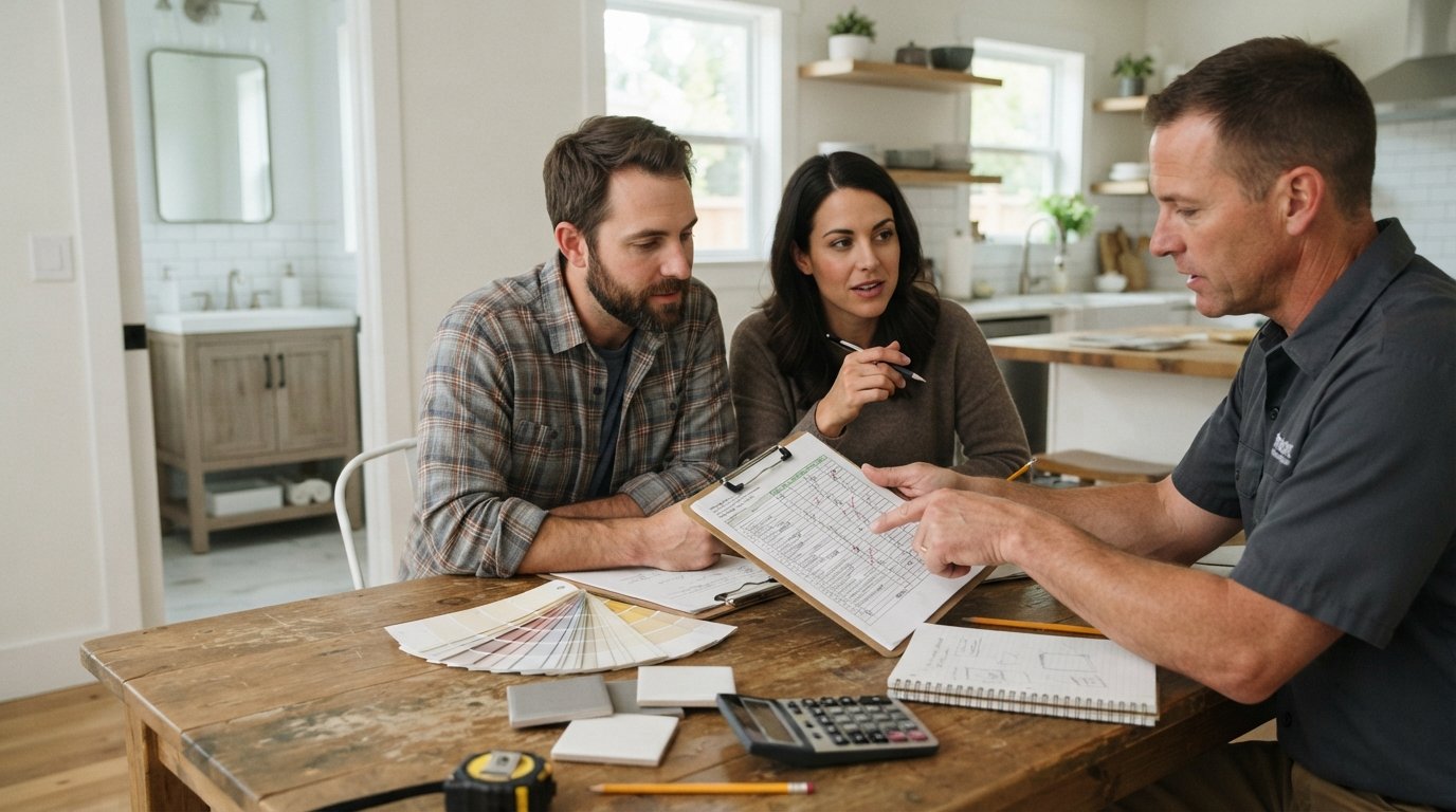 Couple reviewing a bathroom remodel budget at a kitchen table with a contractor, calculator, tile samples, and paint swatches