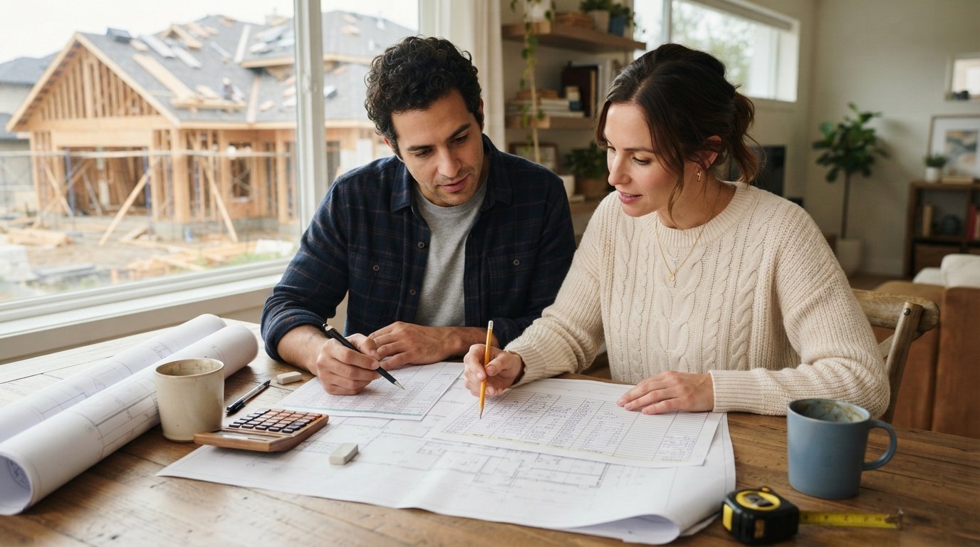 Couple reviewing a budget spreadsheet and blueprints at a wooden table with a calculator, pencil, and coffee mugs, home…