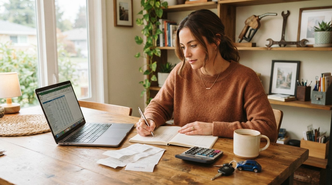 Woman in a sweater writing numbers in a notebook at a wooden table with a laptop spreadsheet, receipts, calculator, coffee…