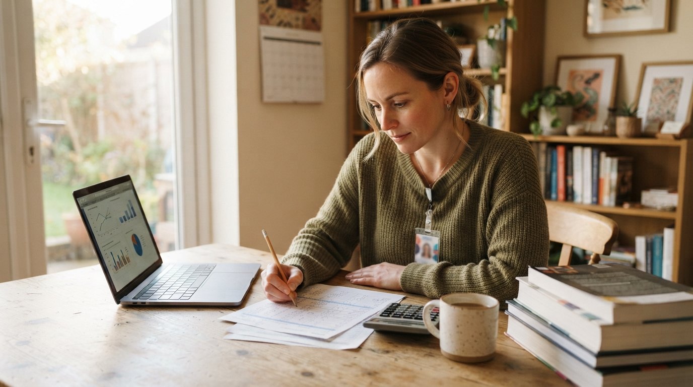 Adult learner in a sweater pencils figures on a paper budget sheet at a kitchen table with a laptop, calculator, coffee…