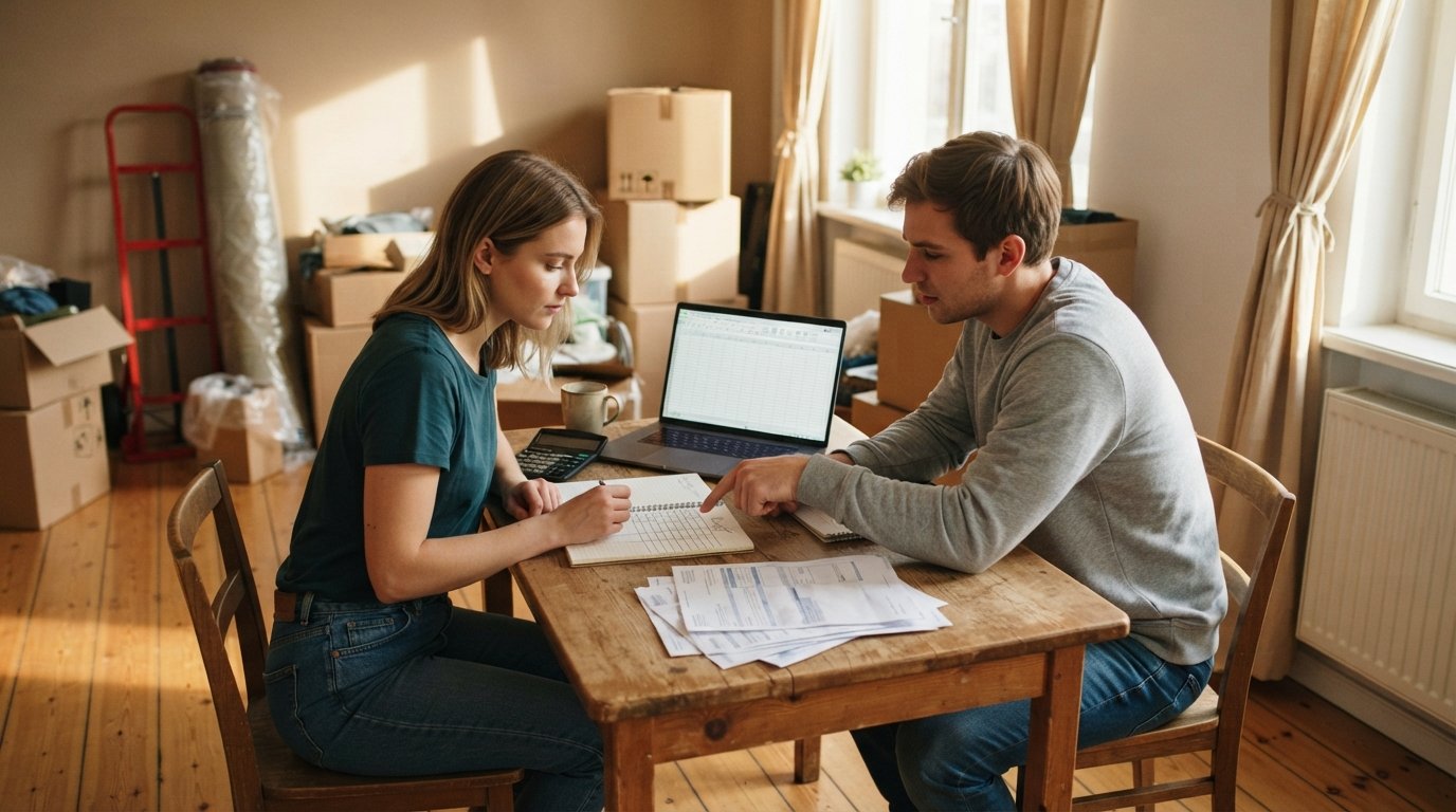 Couple at a kitchen table with a laptop spreadsheet, calculator, notebook budget grid, and utility bills, surrounded by…