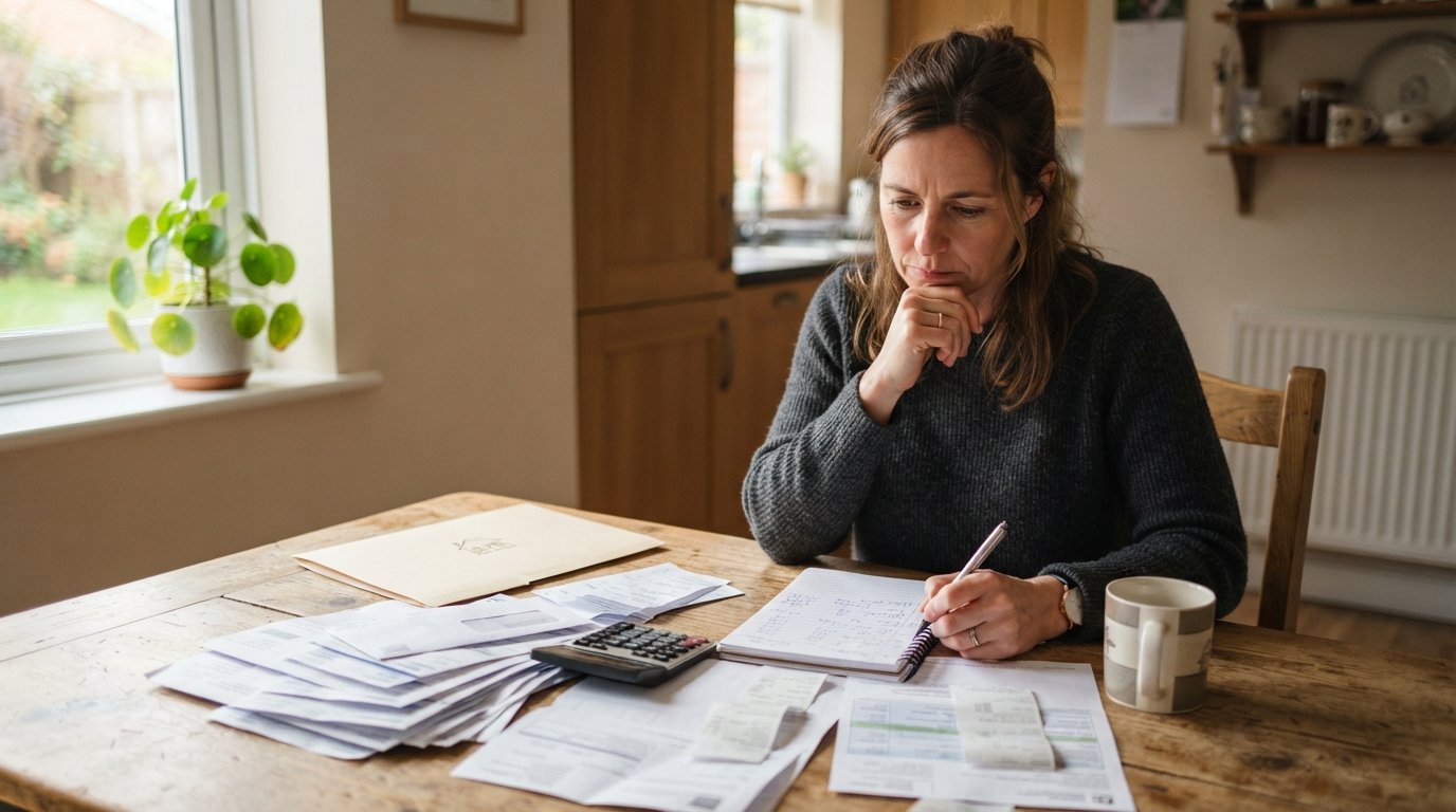 Homeowner at a wooden kitchen table with a calculator, notebook, bills, property tax notice, and a house-labeled folder in…