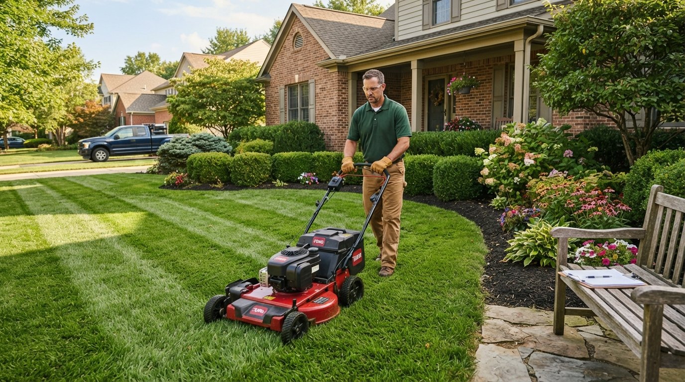 Landscaper in a green polo shirt mowing a striped lawn near trimmed hedges, mulched beds, and a bench with a clipboard