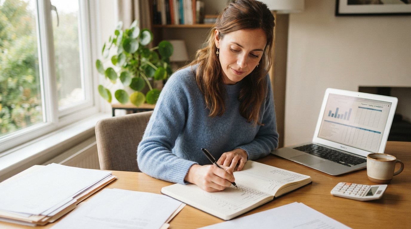 Person in a home office reviewing a handwritten budget notebook beside loan statements, a laptop payment tracker,…