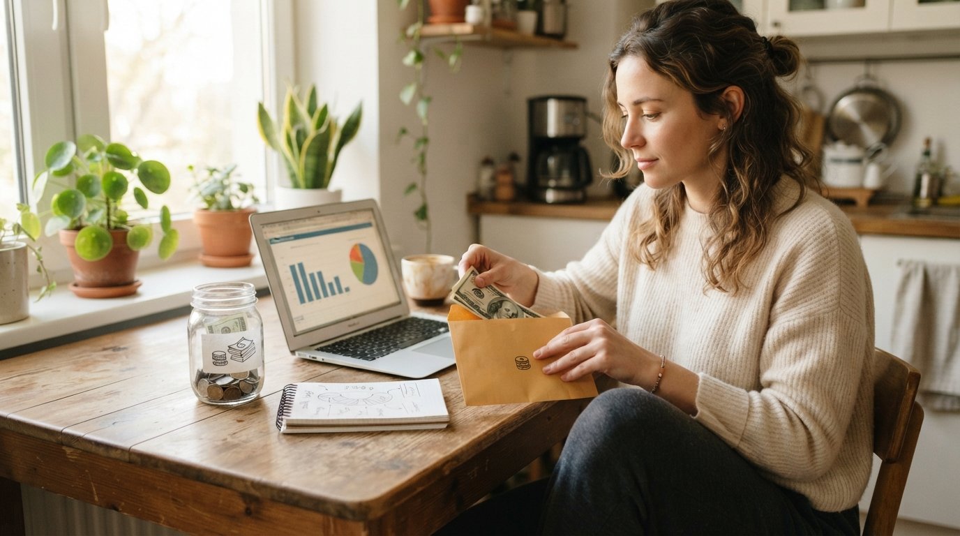 Woman in loungewear puts cash into a savings envelope beside a laptop, notebook, and budget chart at a wooden kitchen table