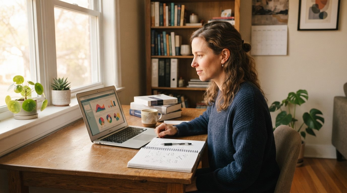 Adult learner at a wooden desk with an open laptop, psychology textbooks, notebook, coffee mug, and potted plant in a…