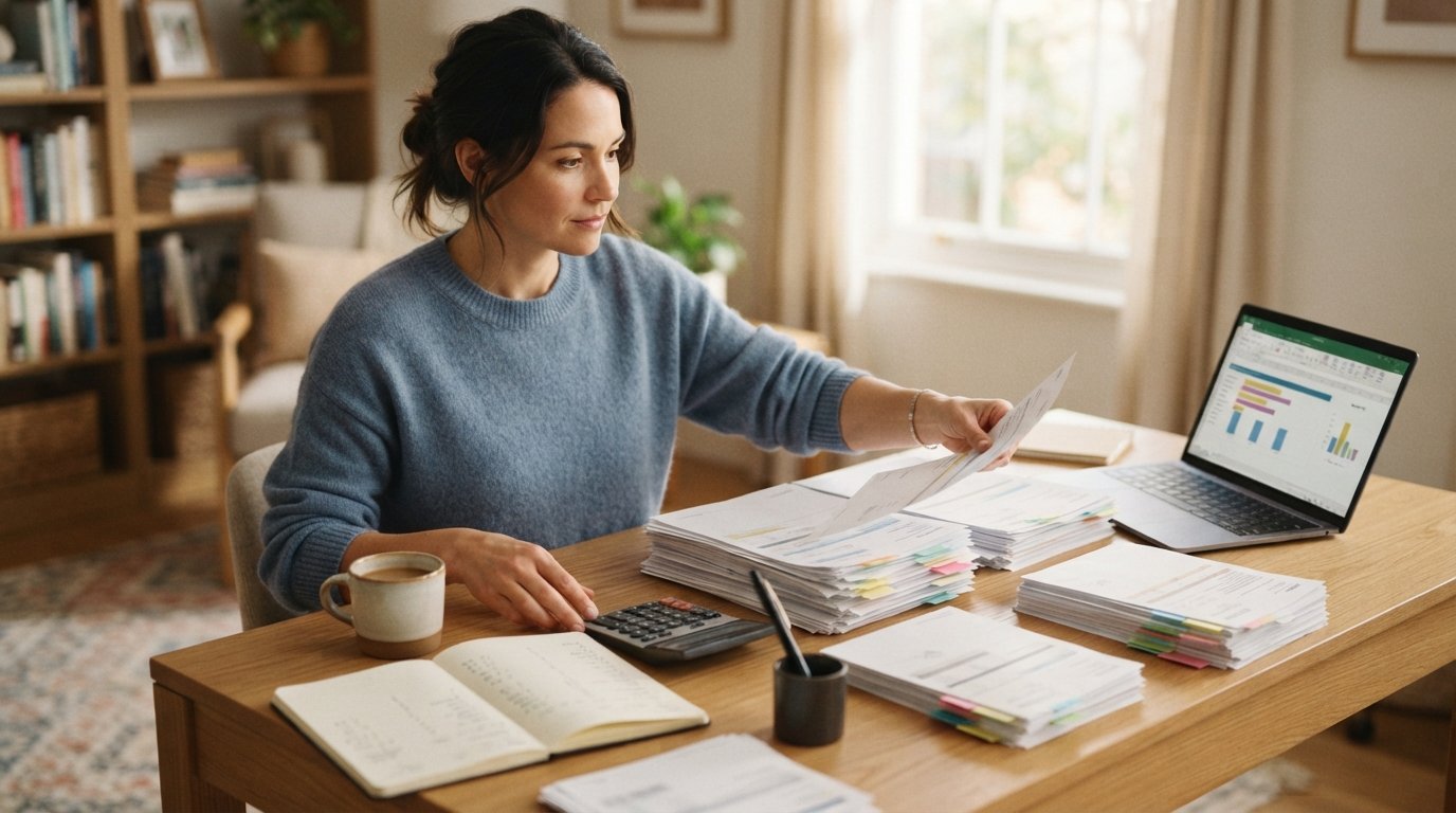 Person at a wooden desk sorting stacked loan statements into labeled piles beside a calculator, pen, notebook, laptop…