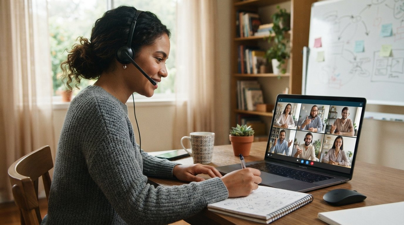 Student in headset takes notes at a home desk while a laptop screen shows diverse classmates in a video conference.