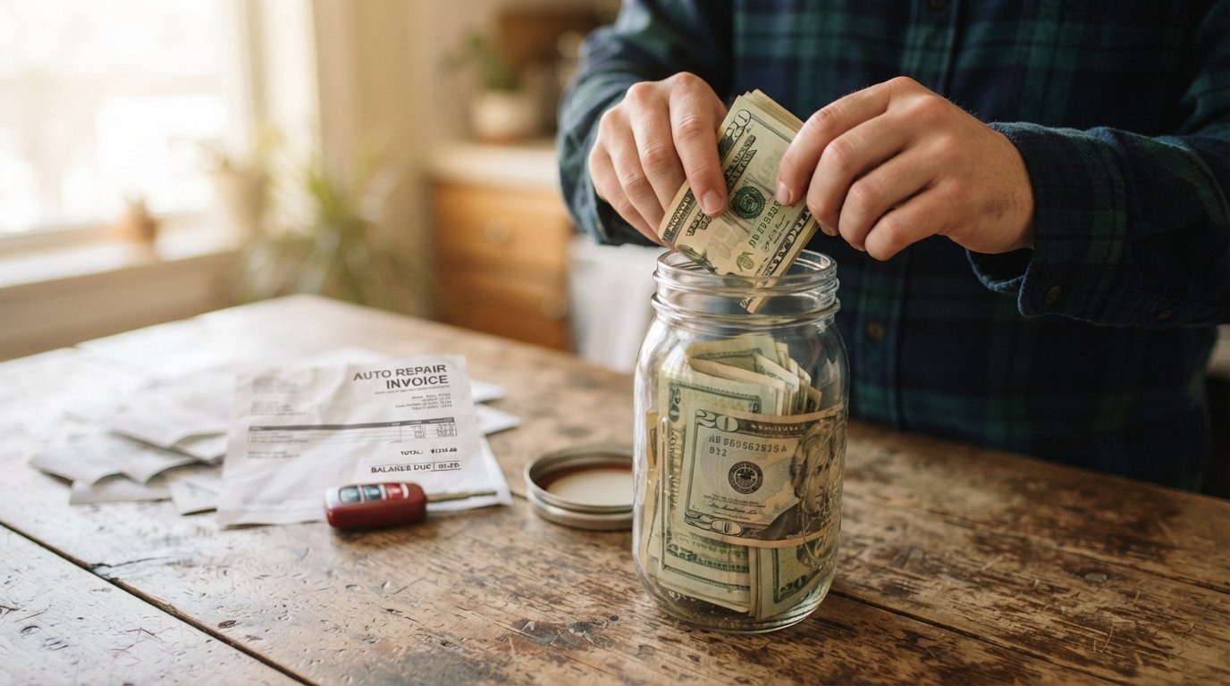 Hands placing folded twenty-dollar bills into a glass mason jar on a wooden table, with a car key fob and repair invoice…