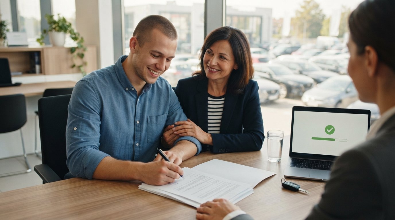 Young adult buyer and middle-aged co-signer smiling while signing auto loan paperwork at a dealership finance desk, with a…