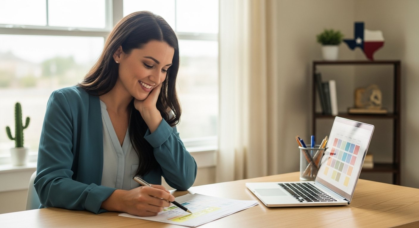 Smiling woman in her 30s at a wooden desk in Austin, Texas, reviewing a paper health insurance comparison chart while a…