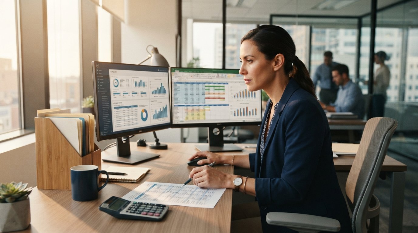Loan officer at a desk with dual monitors showing lead data and a budget spreadsheet, with a printed lead list and…