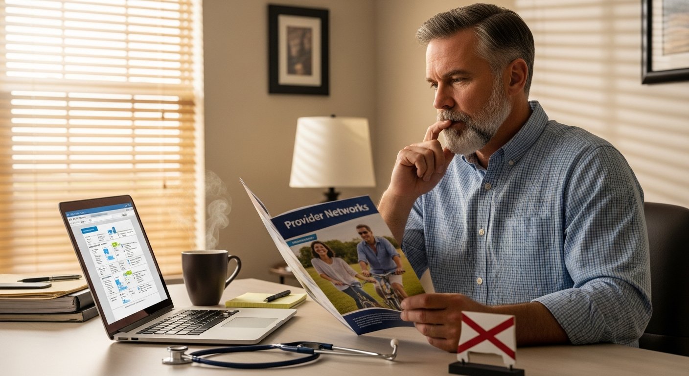 Middle-aged man comparing health insurance plans on laptop in home office with stethoscope and Alabama flag figurine