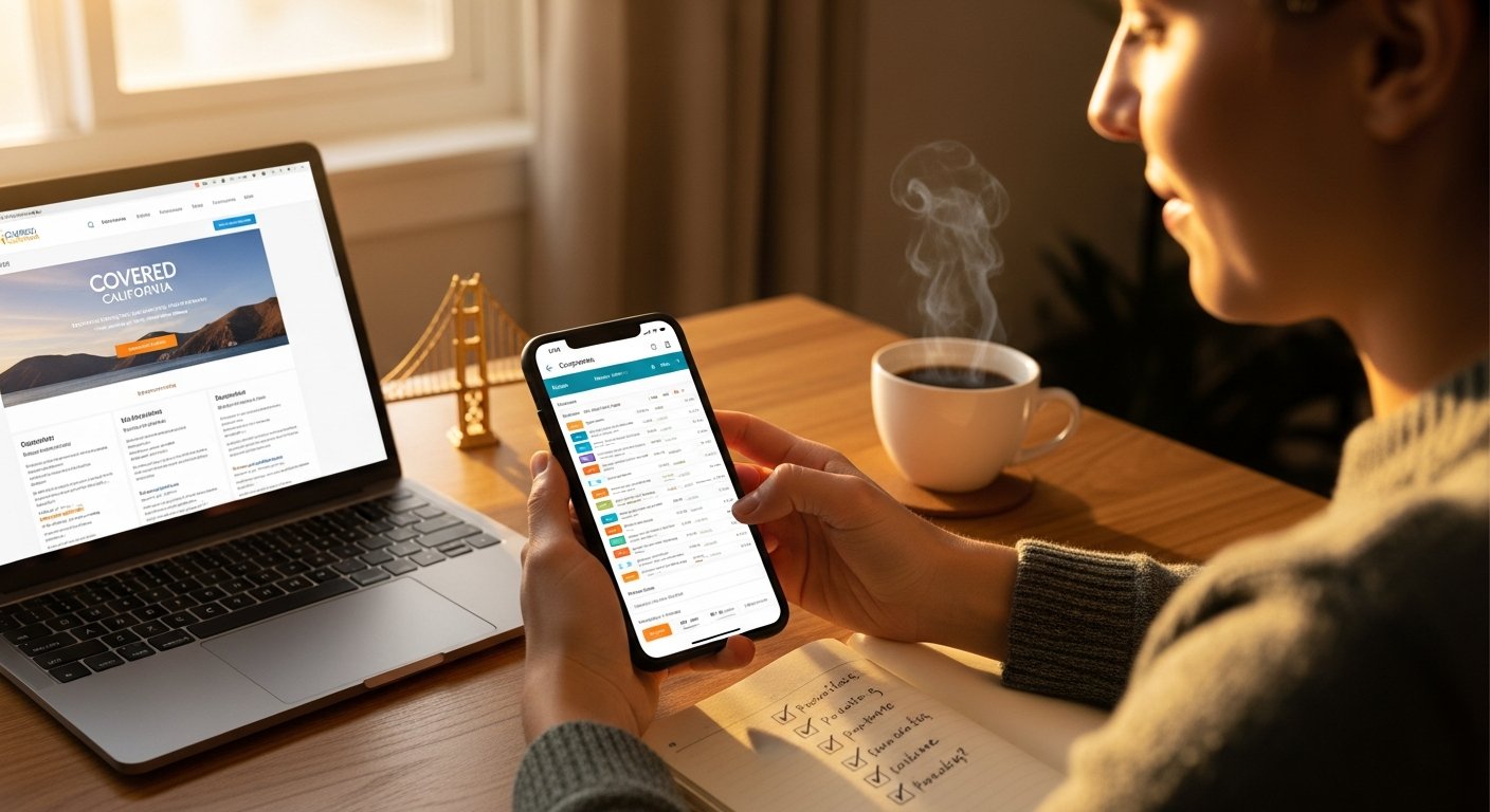 Young woman sitting at desk in sunlit home office, holding smartphone showing health plan comparison, laptop displaying…