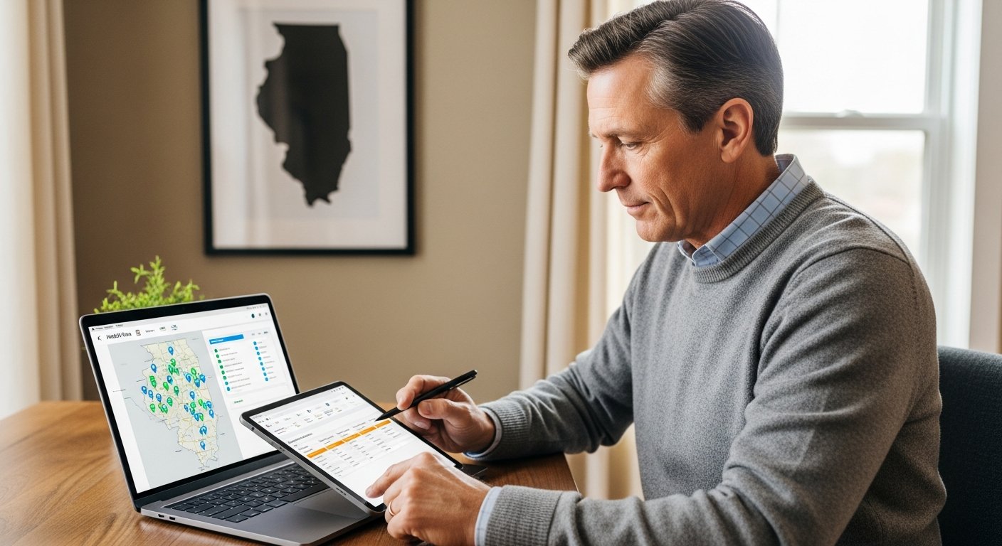 Middle-aged man in grey sweater sitting at wooden desk reviewing health plan comparison on tablet, with laptop showing…