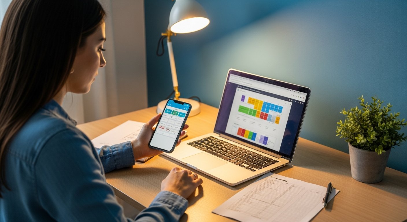 Woman reviews health plans on laptop, holds phone with calculator; desk has budget worksheet and meds list