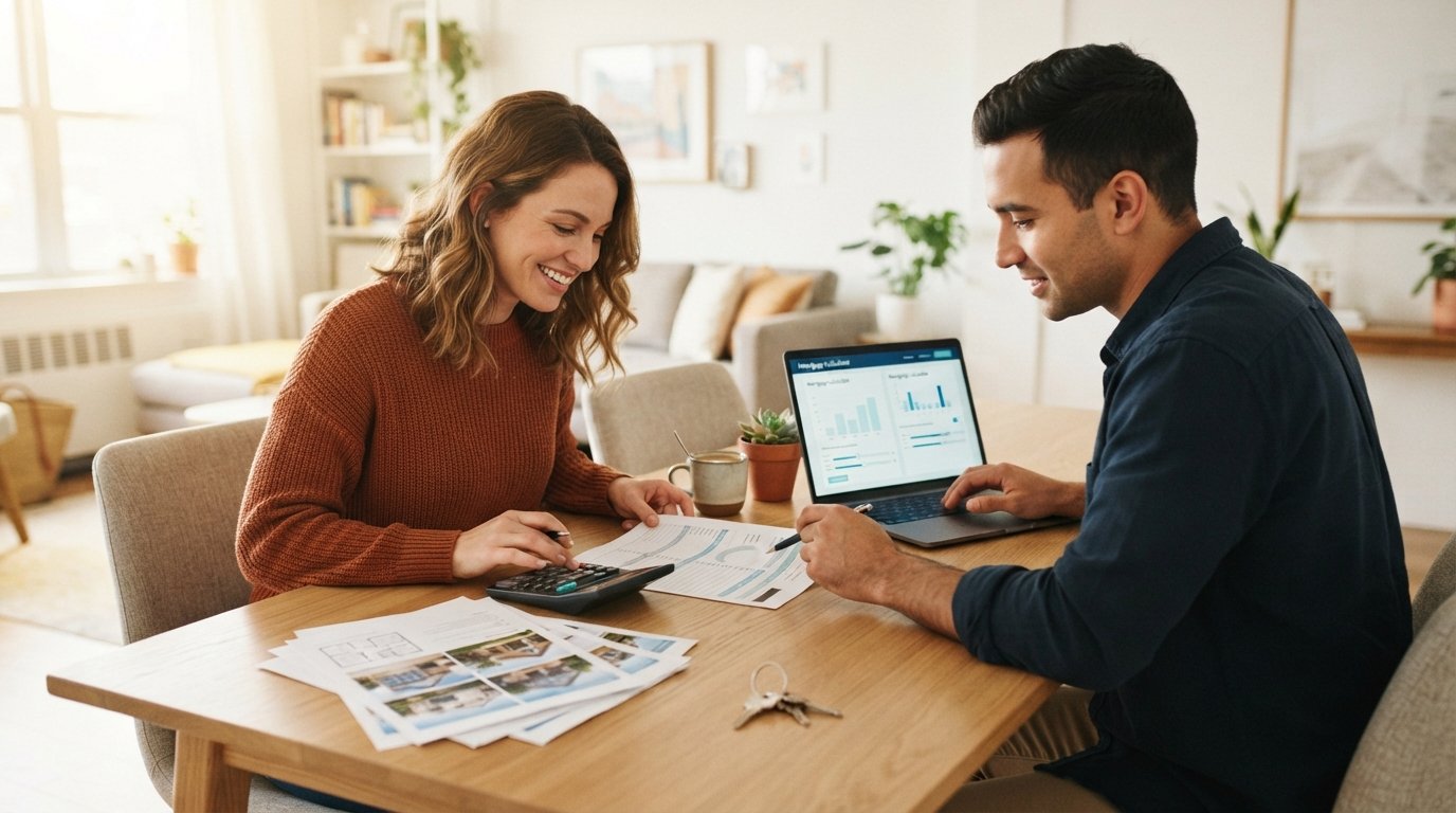 Couple at a dining table reviewing a budget worksheet and using a calculator beside home listings and a laptop