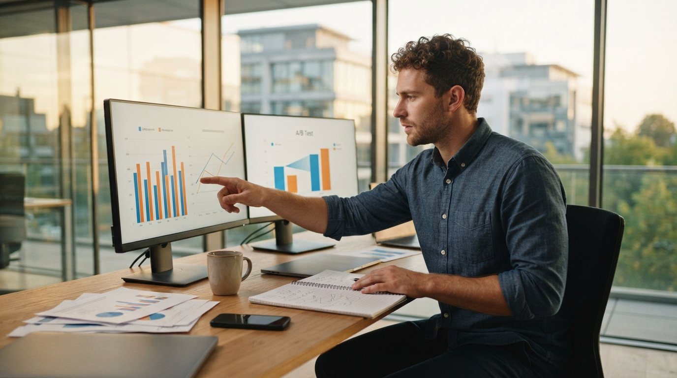 Marketer in a glass-walled office points at two monitors showing side-by-side bar charts and A/B test graphs in blue and…