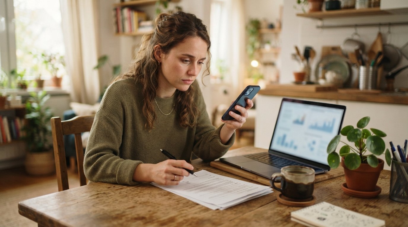 Young adult at a kitchen table holding a smartphone and pen over a loan agreement beside a laptop