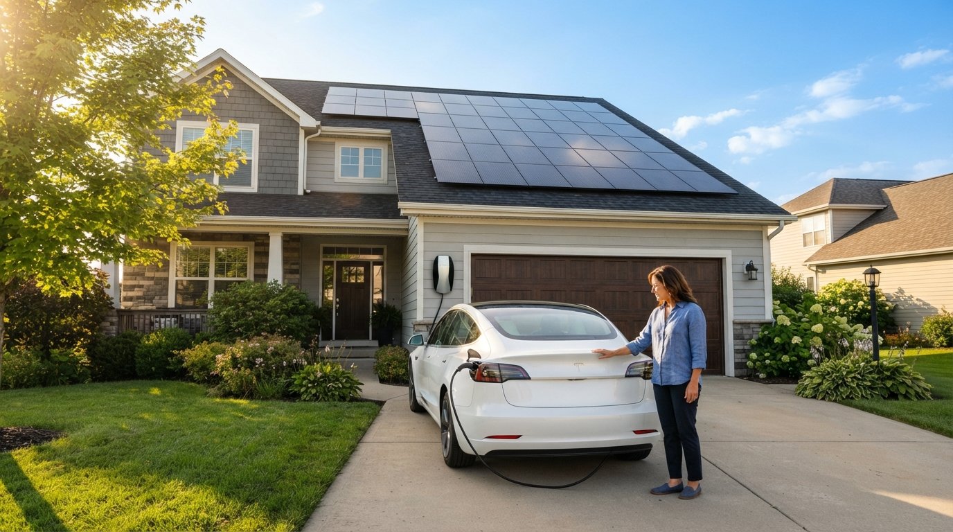 Rooftop solar panels on a suburban house with a white electric car plugged into a wall-mounted charger in the driveway