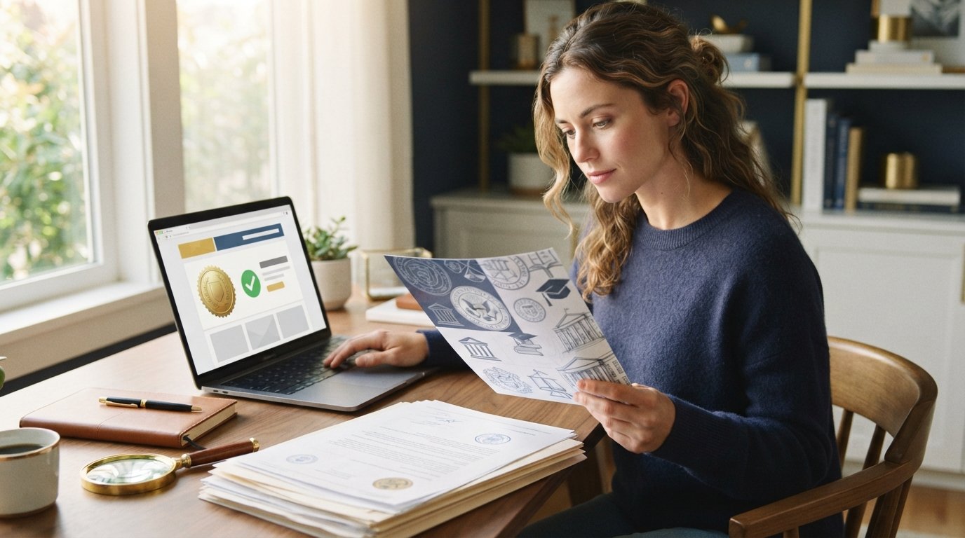 Young woman at a desk holding a college brochure while viewing an accreditation verification website on a laptop