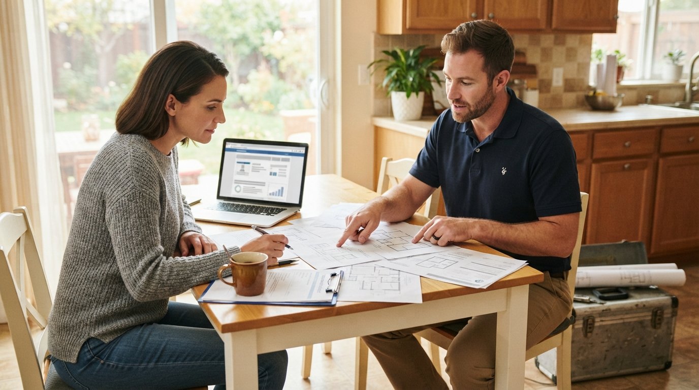 Homeowner at a kitchen table reviews paperwork with a contractor in a work polo beside a laptop, clipboard, coffee mug,…