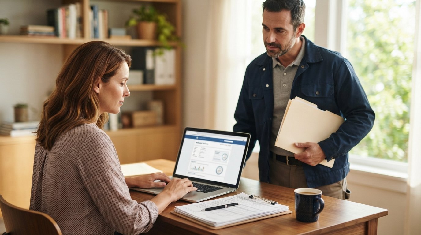 Homeowner at a desk reviewing contractor license details on a laptop while a contractor in work clothes stands nearby…