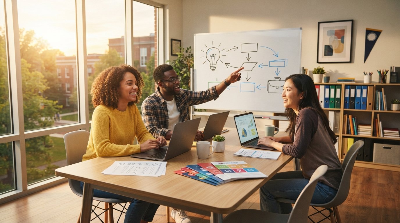 Three college students review career aptitude worksheets and university brochures beside a whiteboard flowchart linking…