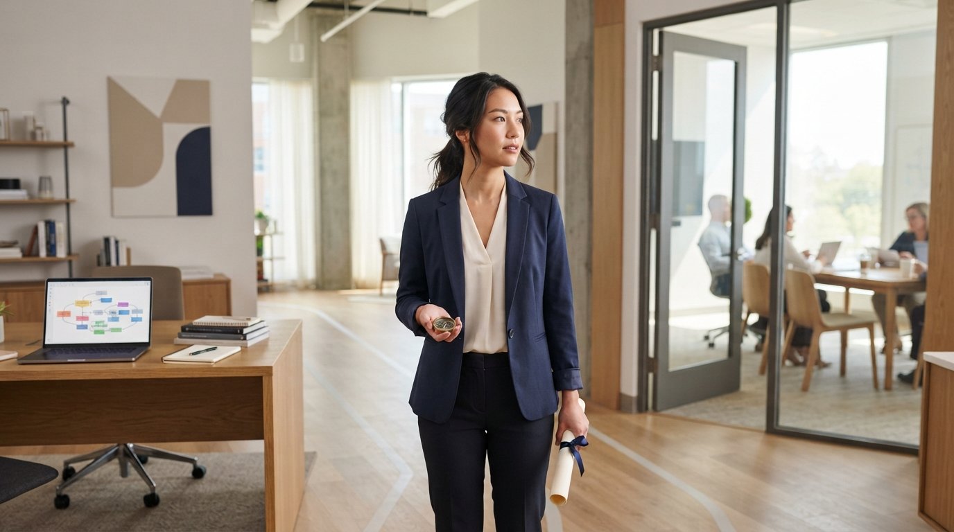 Young professional woman holding a compass and diploma at a crossroads between a desk with a laptop and a glass office door
