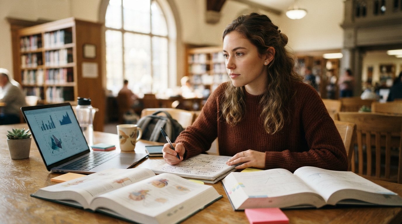 Student at a sunlit library desk compares two textbooks beside notebooks, sticky notes, and a laptop showing charts